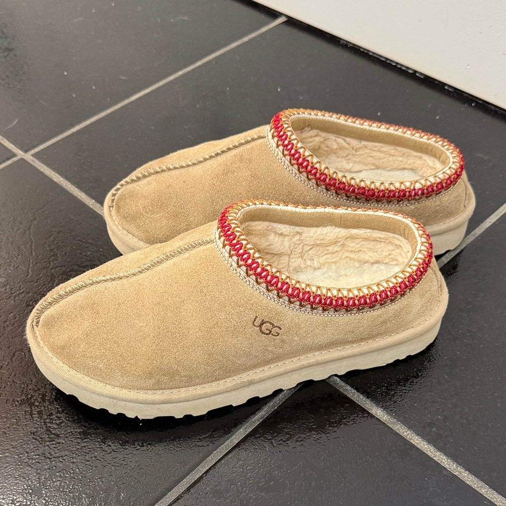 UGG Tan Suede Shearling Slip-On Clog with Red Trim